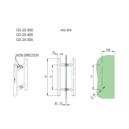 Poignée porte battante inox NT hauteur 400 mm Ø 32 mm - type STG 122-32  droite - Le Temps des Travaux